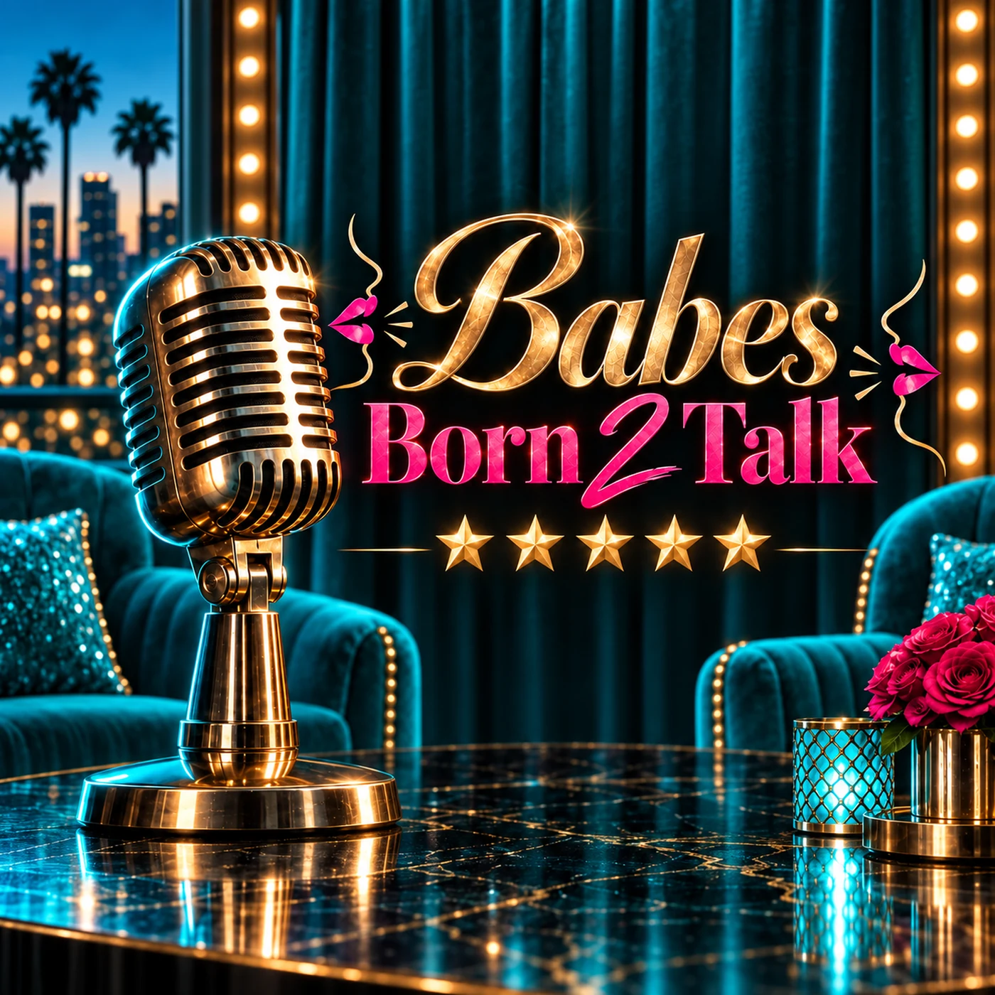 Babes Born 2 Talk cover with a gold broadcast microphone and five stars