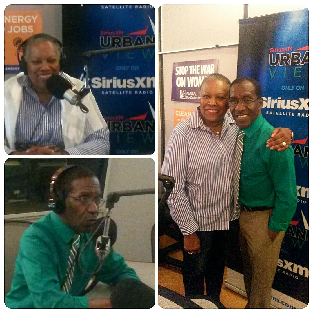 Three-photo collage of Maggie Linton interviewing numerologist Lloyd Strayhorn at SiriusXM